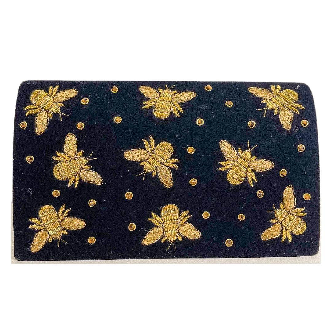 Evening Bag | Gold Embroidered Bees | Black Velvet &amp; Citrine | Mariam Zardozi