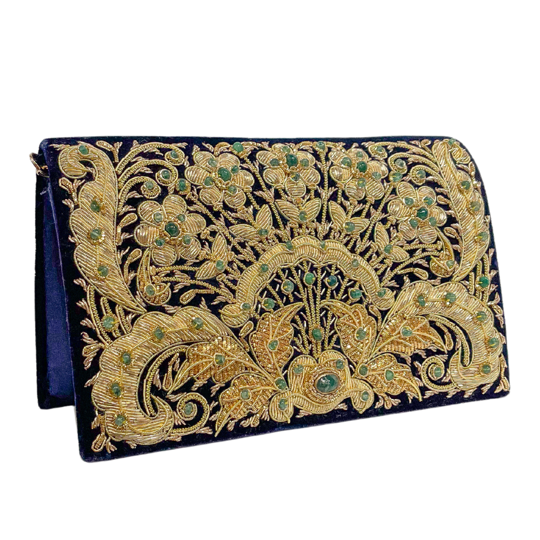 Evening Bag | Gold Embroidered Garden | Midnight Velvet &amp; Emeralds | Mariam Zardozi