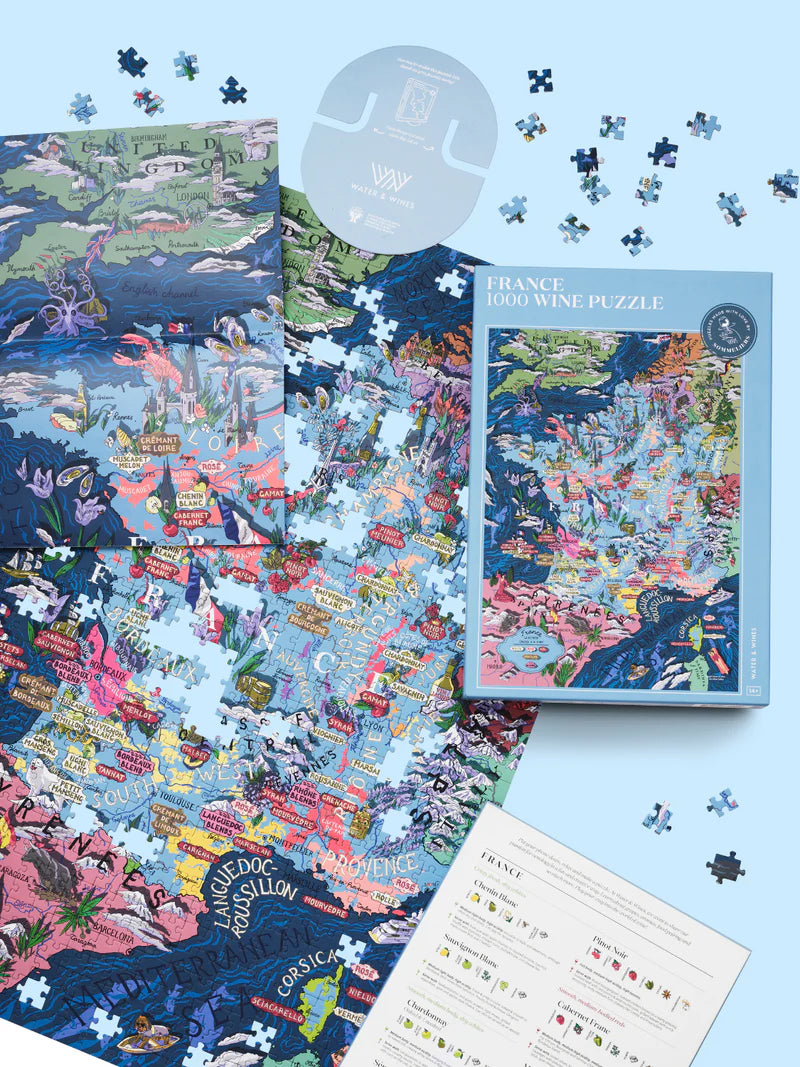 Puzzle box with a colorful map of France on a blue background