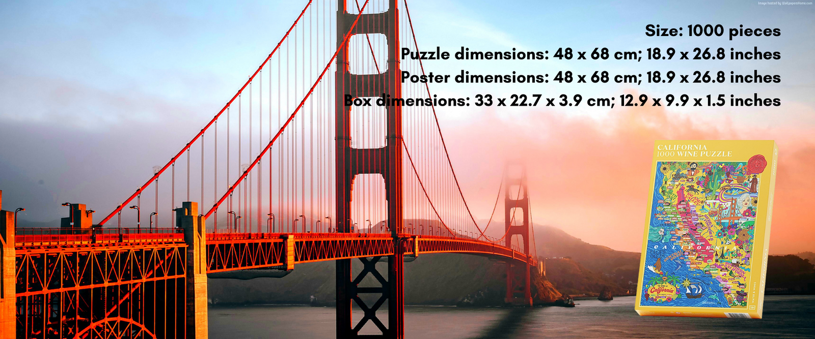 1000 Piece puzzle with puzzle dimensions, poster dimensions, and box dimensions!
