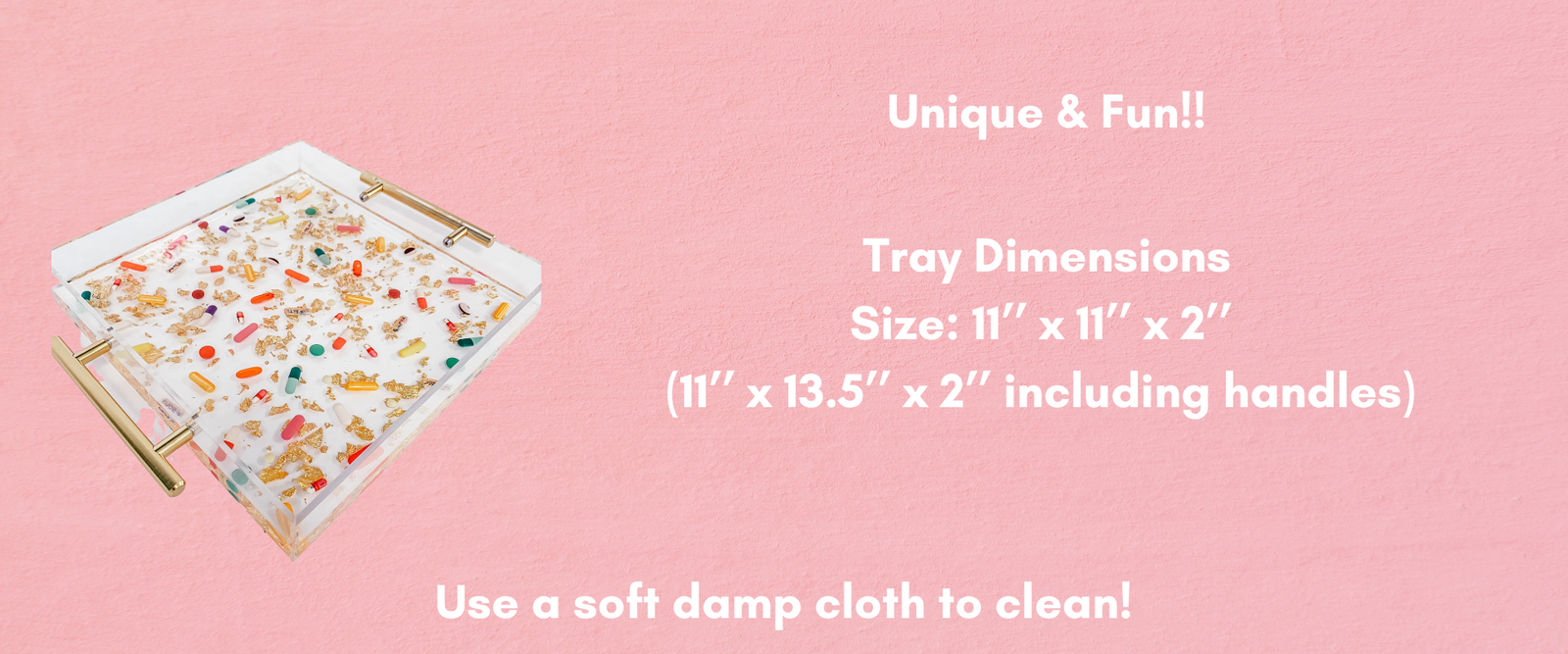 Tray dimensions. Pink background with Pills + Gold tray on the left