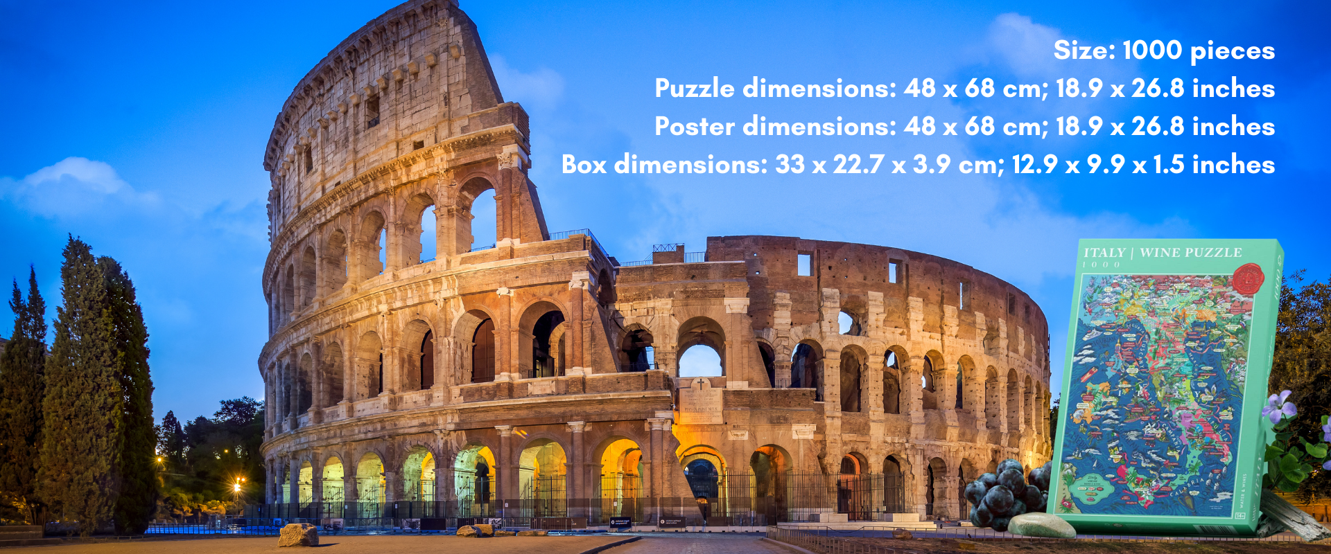puzzle box dimensions with a picture of the colosseum in the back