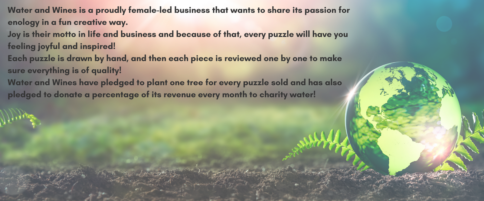 Water and Wines cares about the environment. For every puzzle purchase, Water and Wines promises to plant a tree and also promises to donate a percentage of their profit to charity to provide people with clean drinking water.