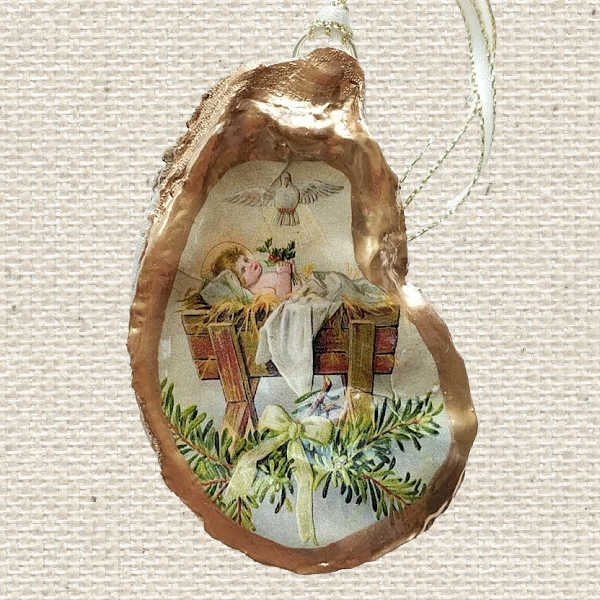 Oyster Shell Christmas Ornament  |  Baby Jesus &amp; Holy Spirit Dove  | Algiers Point Oyster Co.