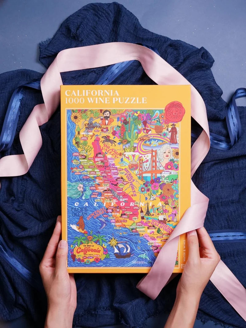 California wine puzzle box with colorful design on a blue background