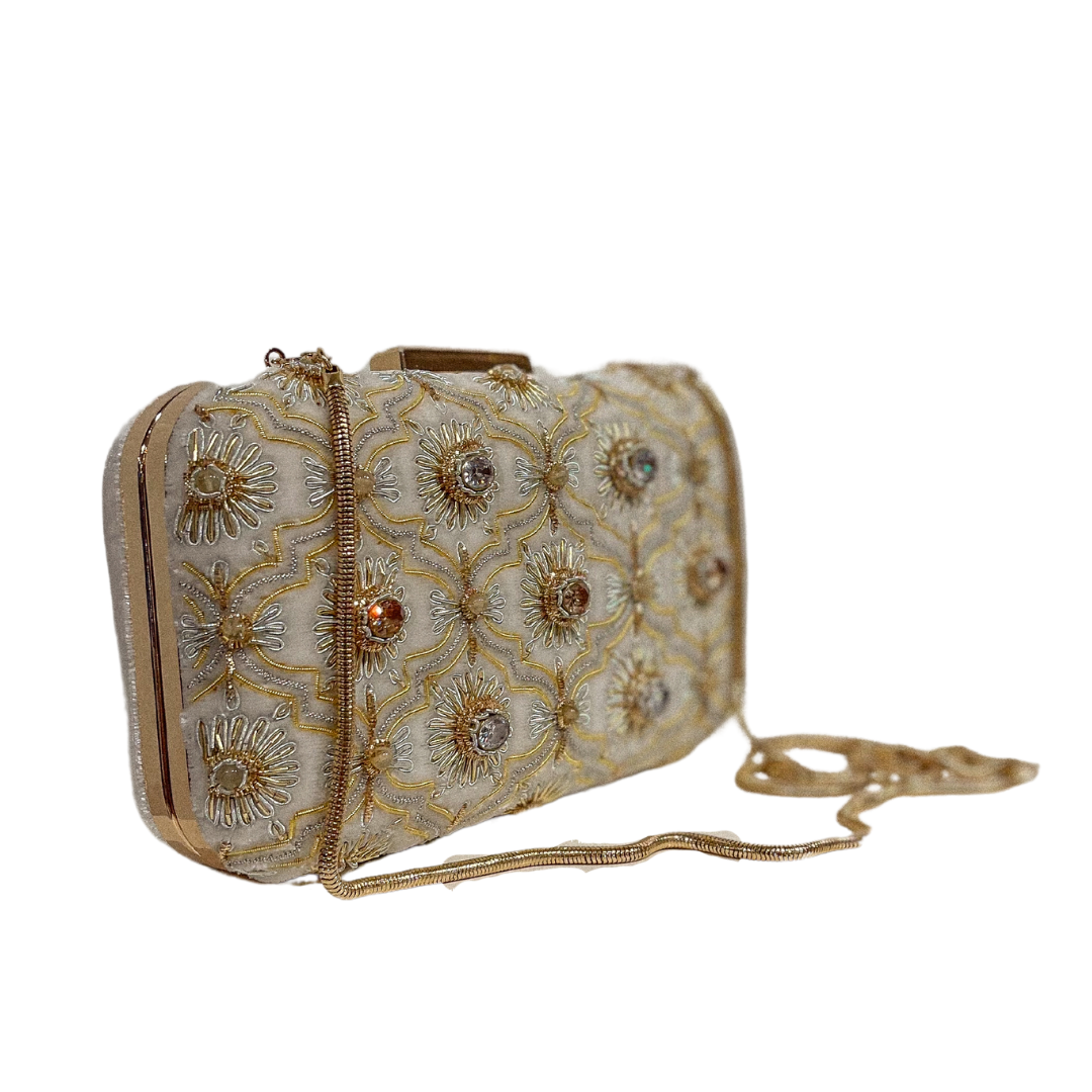 Evening Box Clutch | Cream Silk Velvet | Arabesque Gold Embroidery Jade &amp; Carnelian Cabochons | Mariam Zardozi