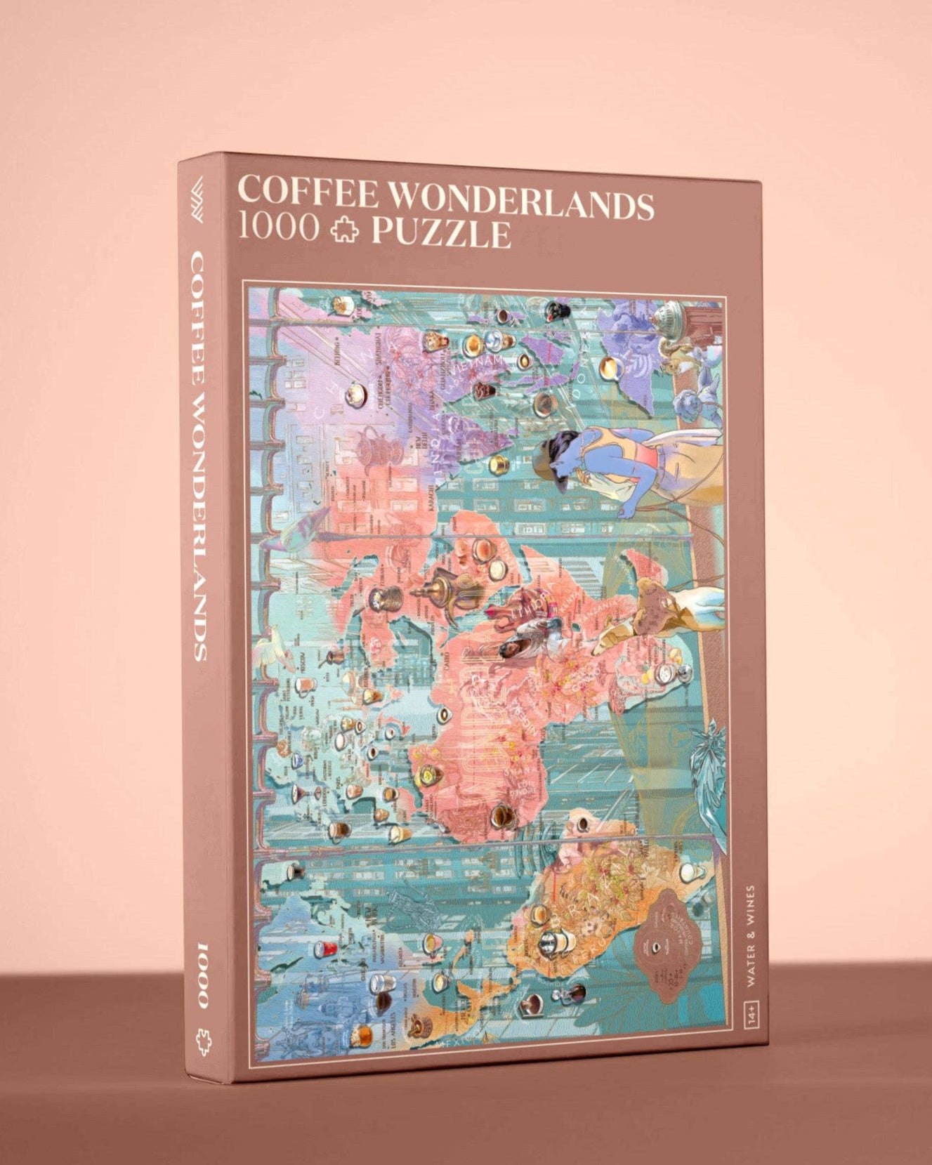 Puzzle box with world map design on a pink background