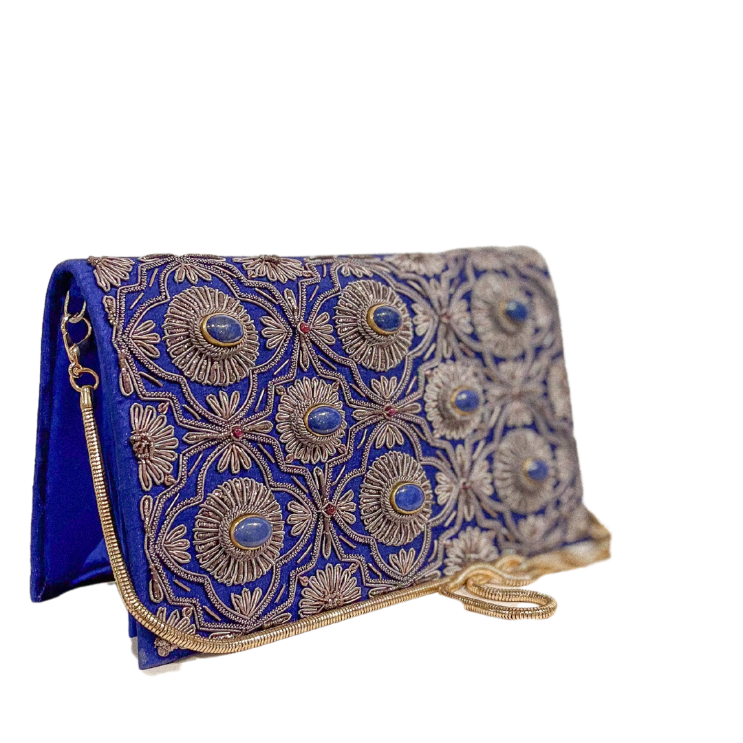 Evening Bag | Antique Silver Embroidery | Lapis Lazuli Cabochons | Mariam Zardozi