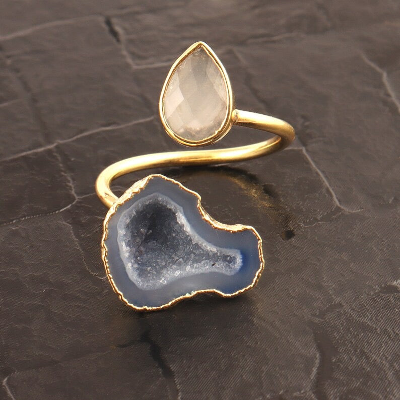 Adjustable Cocktail Ring | Aqua Crystal Chalcedony &amp; Sky Blue Geode Agate | Sibylla Delphica