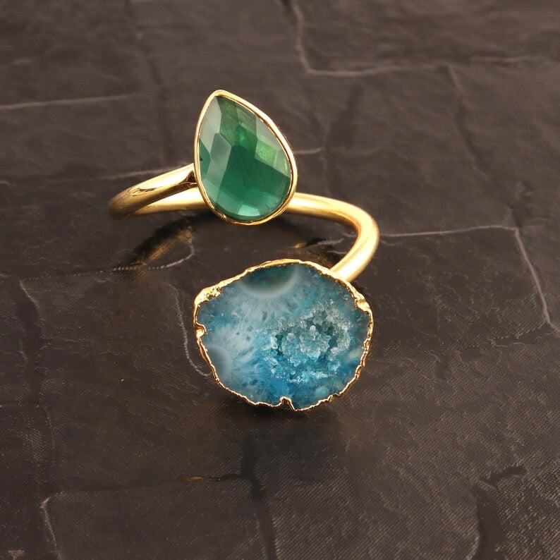 Adjustable Cocktail Ring | Green Amethyst Crystal Chalcedony &amp; Sky Blue Geode Agate | Sibylla Delphica