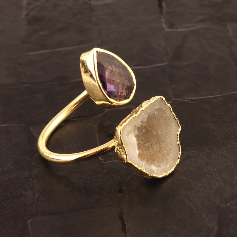 Adjustable Cocktail Ring | Purple Crystal Chalcedony &amp; Off White Geode Agate | Sibylla Delphica