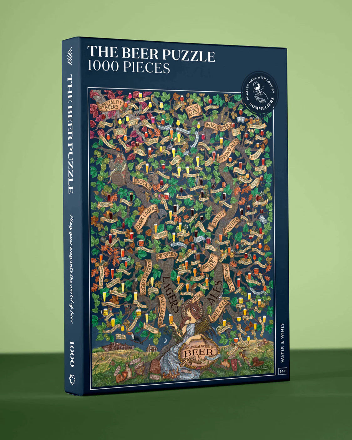Jigsaw puzzle box titled 'The Beer Puzzle' with a colorful design on a green background