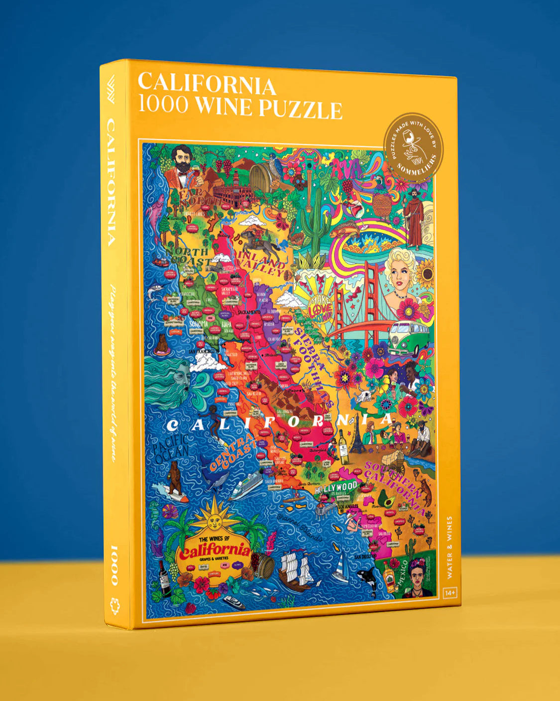 California wine puzzle box with colorful design on a blue background