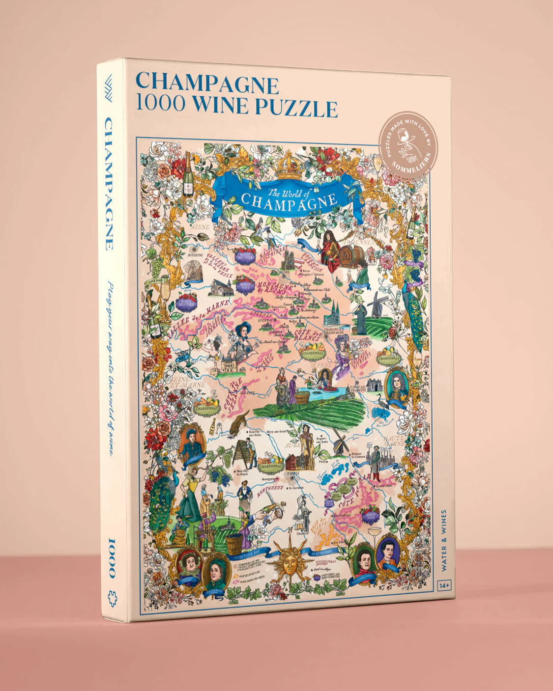 Jigsaw puzzle box with a colorful map design on a beige background