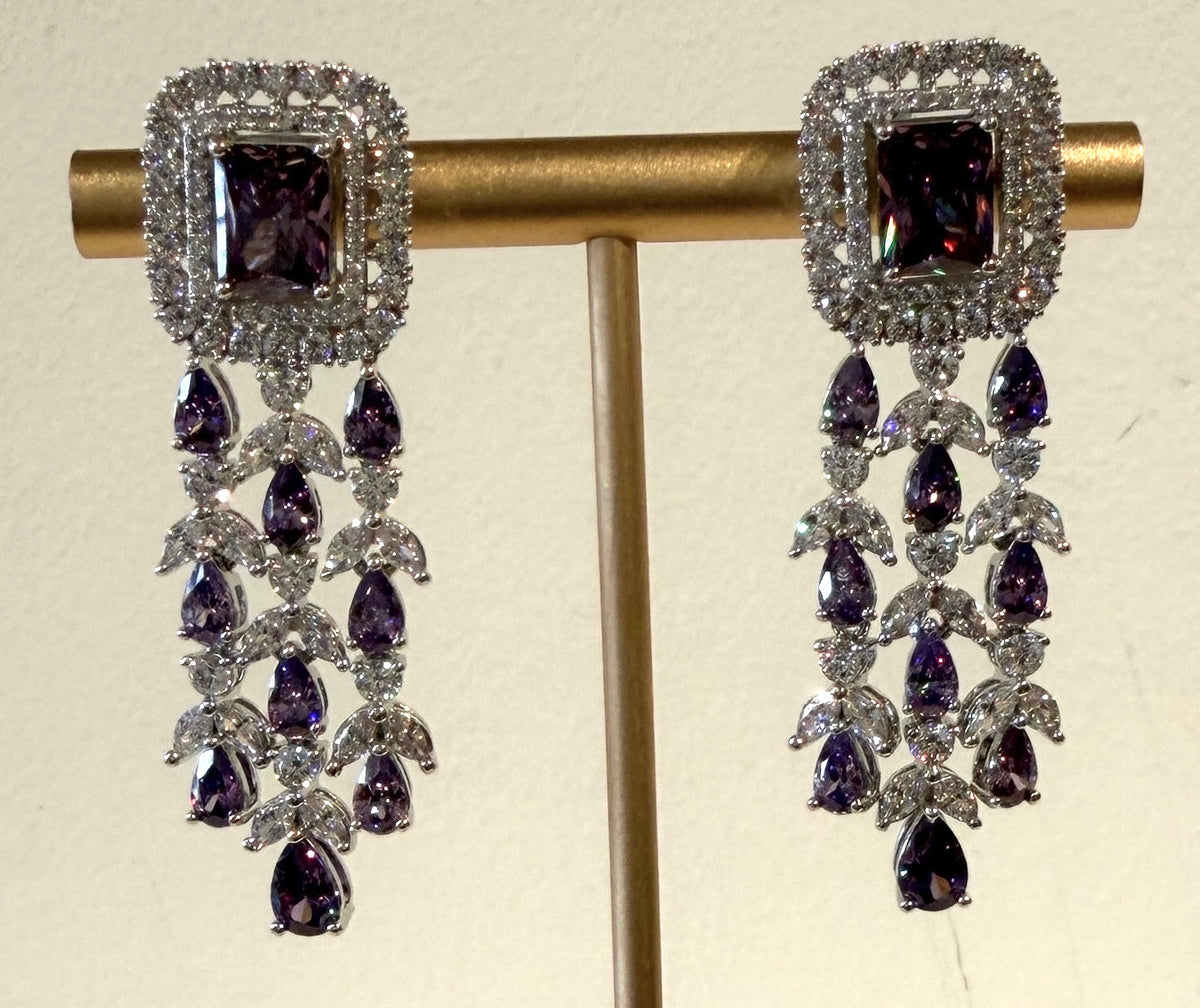 Chandelier Earrings | Carré Double Halo with Pear & Marquise Three Strand Drops | Amethyst & Crystal