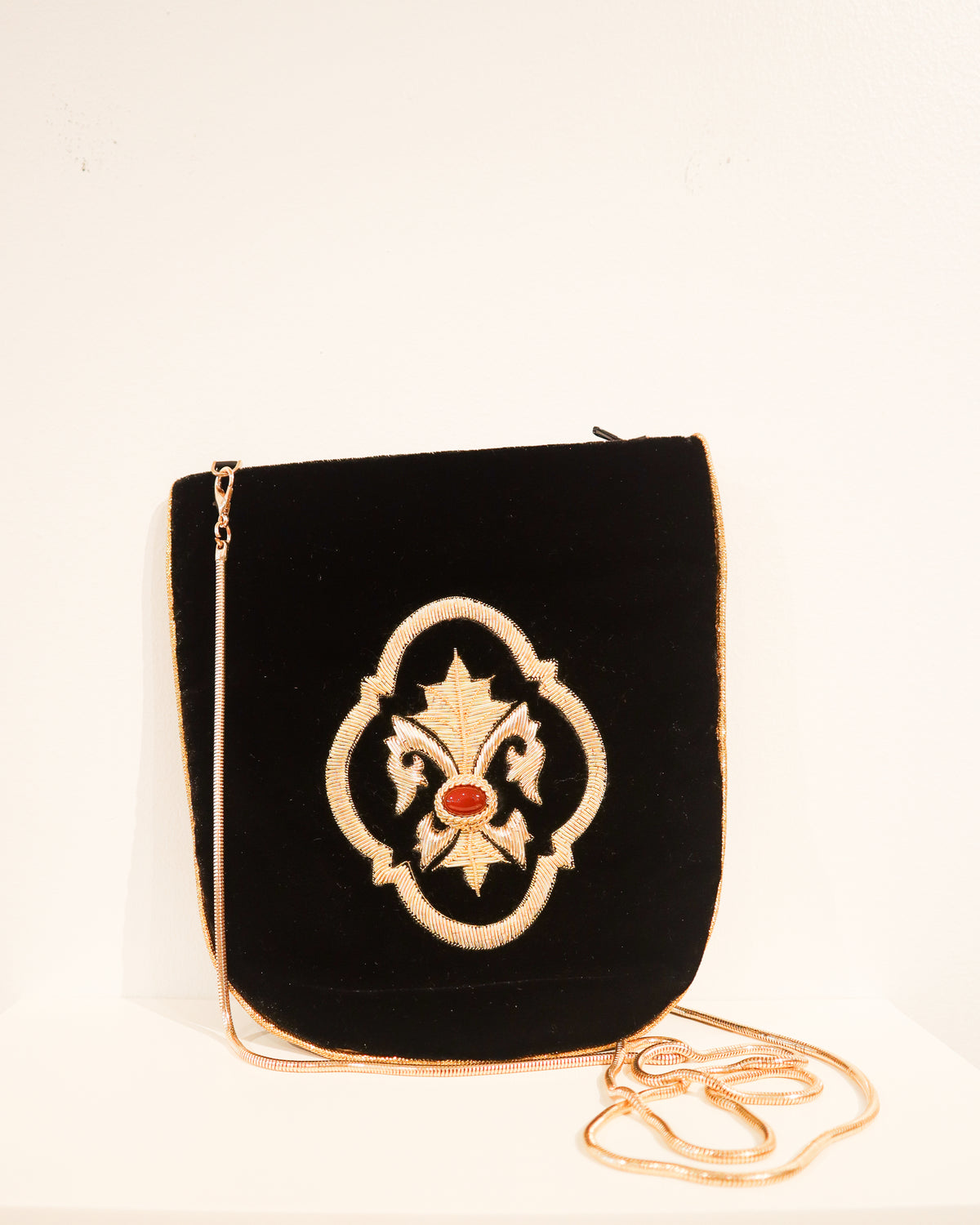 Crossbody bag | Gold Embroidered Fleur de Lis |  Black Velvet &amp; Cornelian | Mariam Zardozi