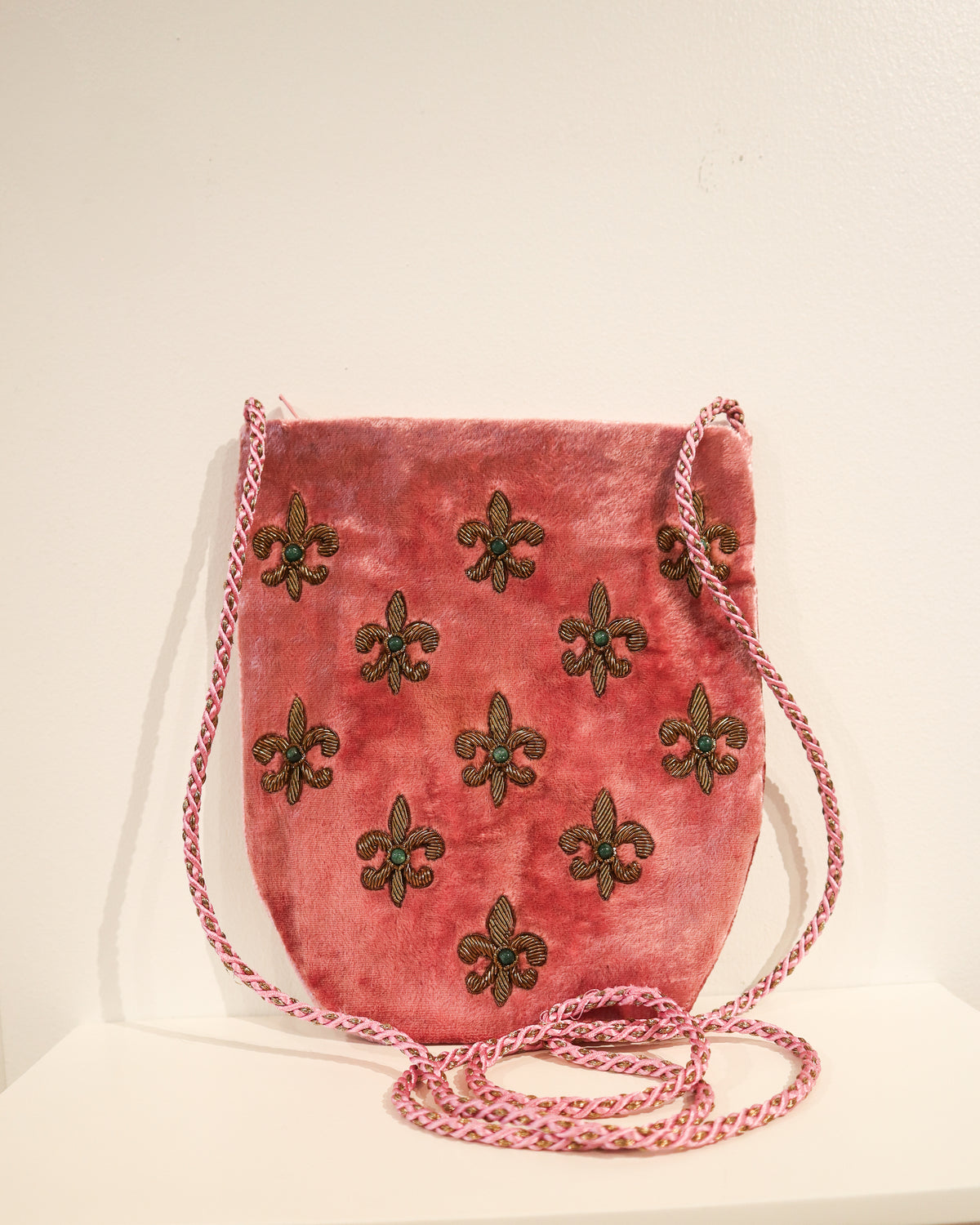 Crossbody Bag | Gold Embroidered Fleur de Lis Dusty Rose Velvet & Emerald