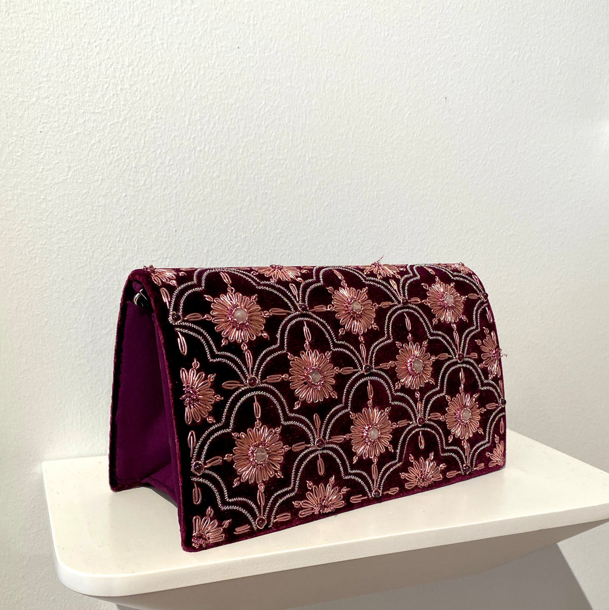 Evening Bag | Embroidered Floral | Plum Velvet &amp; Rose Quartz | Mariam Zardozi