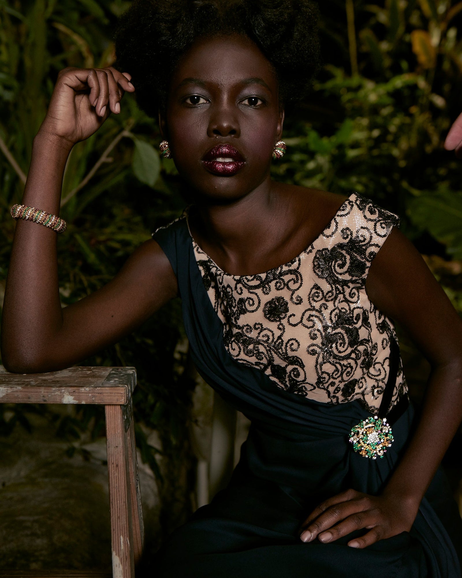 Model in David Peck Gown wearing Van Cleef High Jewelry photographed by Cody Bess at the Cockrell Butterfly Enclosure, Houston, TX