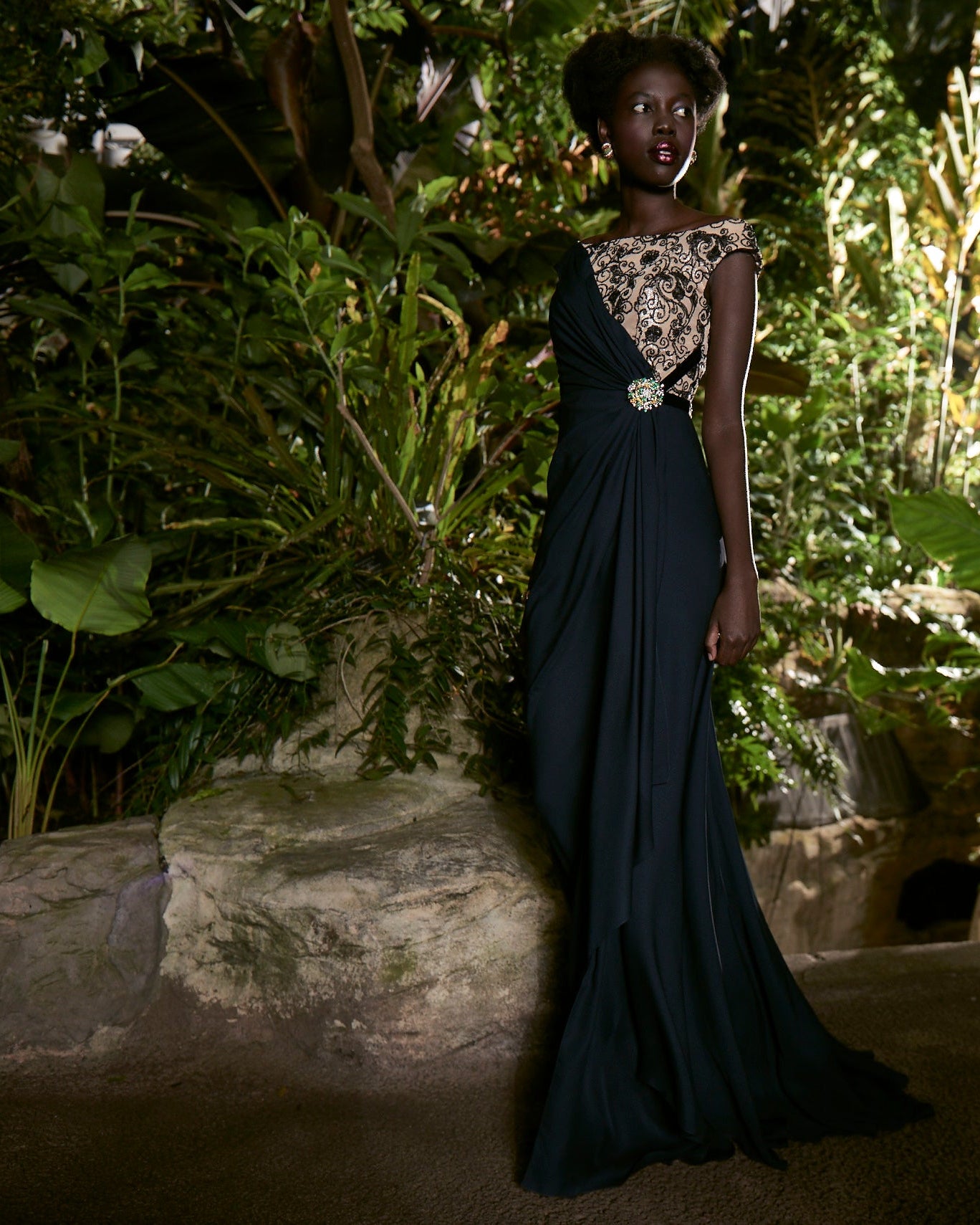 Model in David Peck Gown wearing Van Cleef High Jewelry photographed by Cody Bess at the Cockrell Butterfly Enclosure, Houston, TX