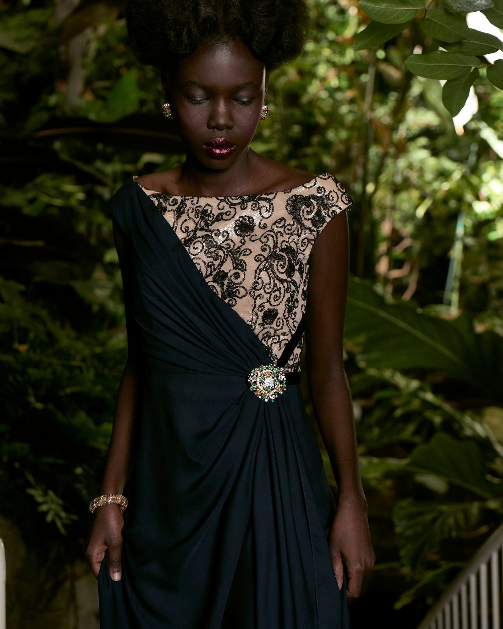 Model in David Peck Gown wearing Van Cleef High Jewelry photographed by Cody Bess at the Cockrell Butterfly Enclosure, Houston, TX