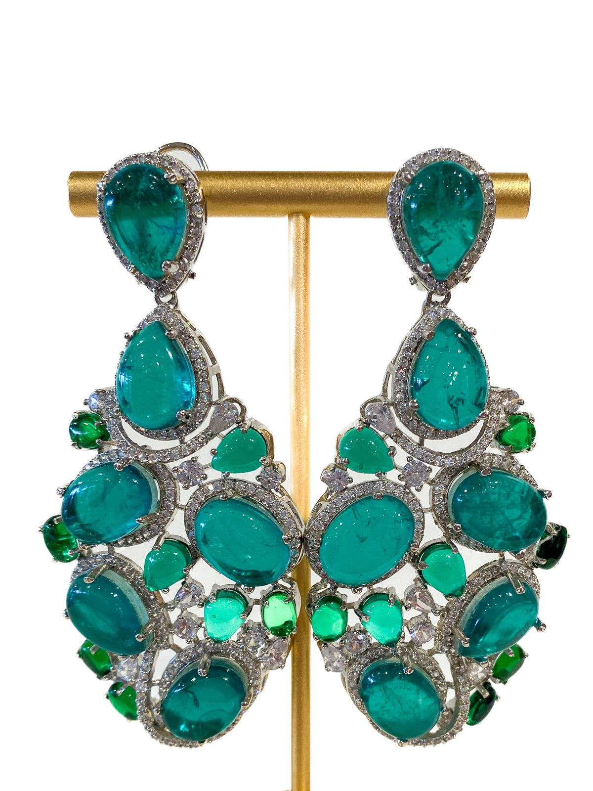 Earrings | Cabochon Crystal Cluster Drops | Emerald