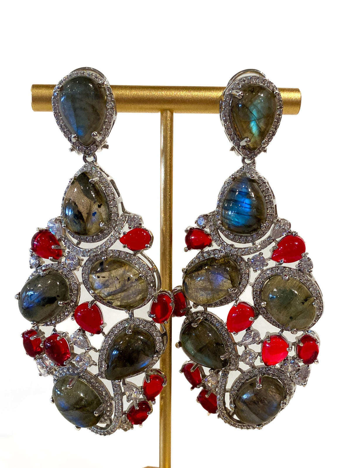 Earrings | Cabochon Crystal Cluster Drops | Labradorite &amp; Ruby