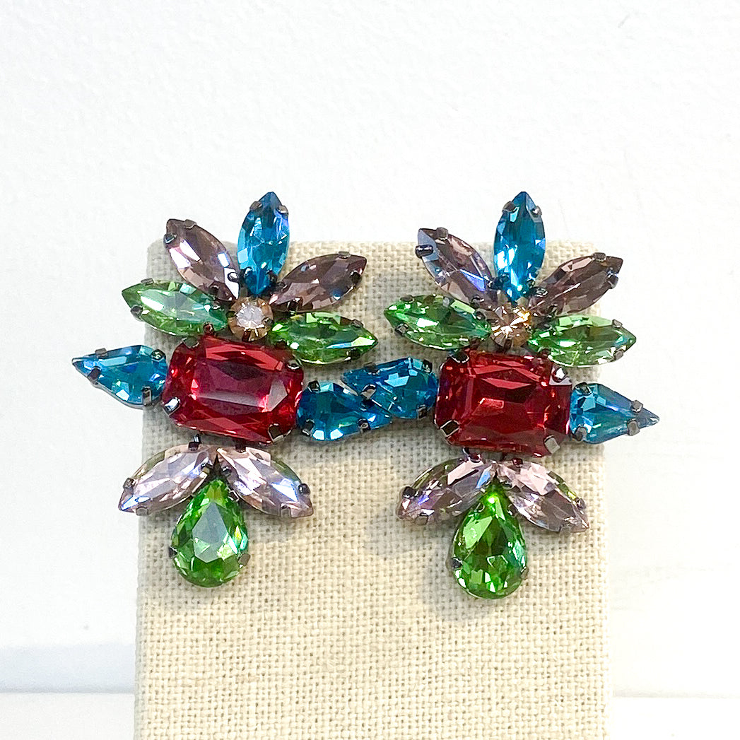 Earrings | Large Crystal Fan Studs | Hot Pink Sapphire, Aqua, &amp; Celedon | Mariam Zardozi