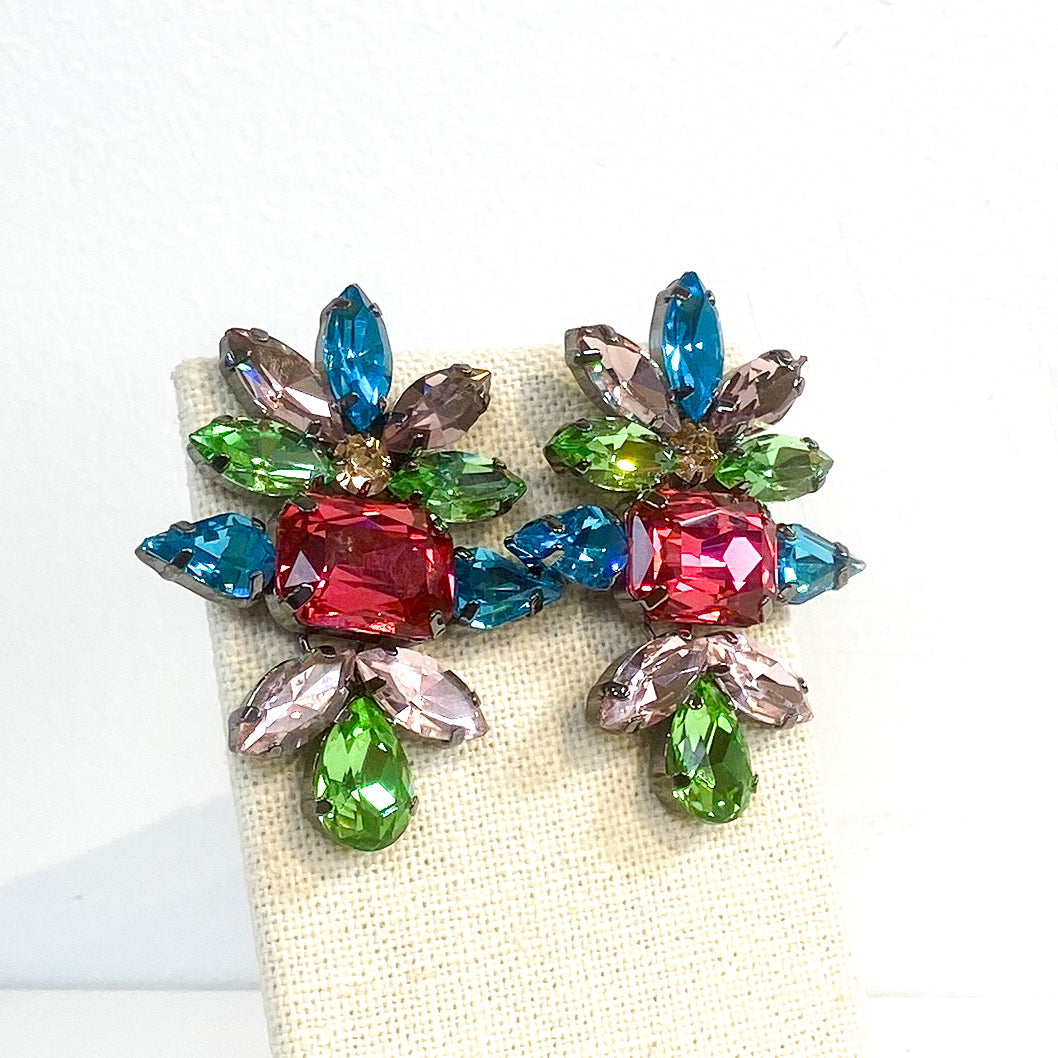 Earrings | Large Crystal Fan Studs | Hot Pink Sapphire, Aqua, &amp; Celedon | Mariam Zardozi