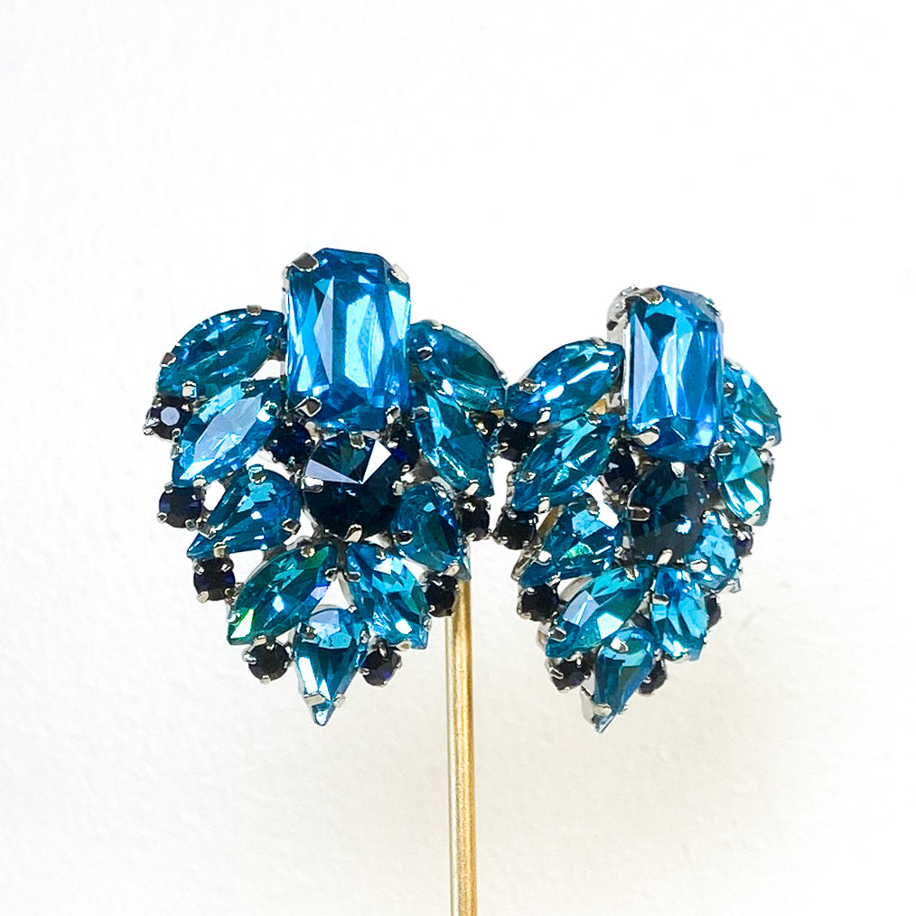 Earrings | Large Crystal Poplar Leaf Studs | Aqua &amp; Sapphire | Mariam Zardozi