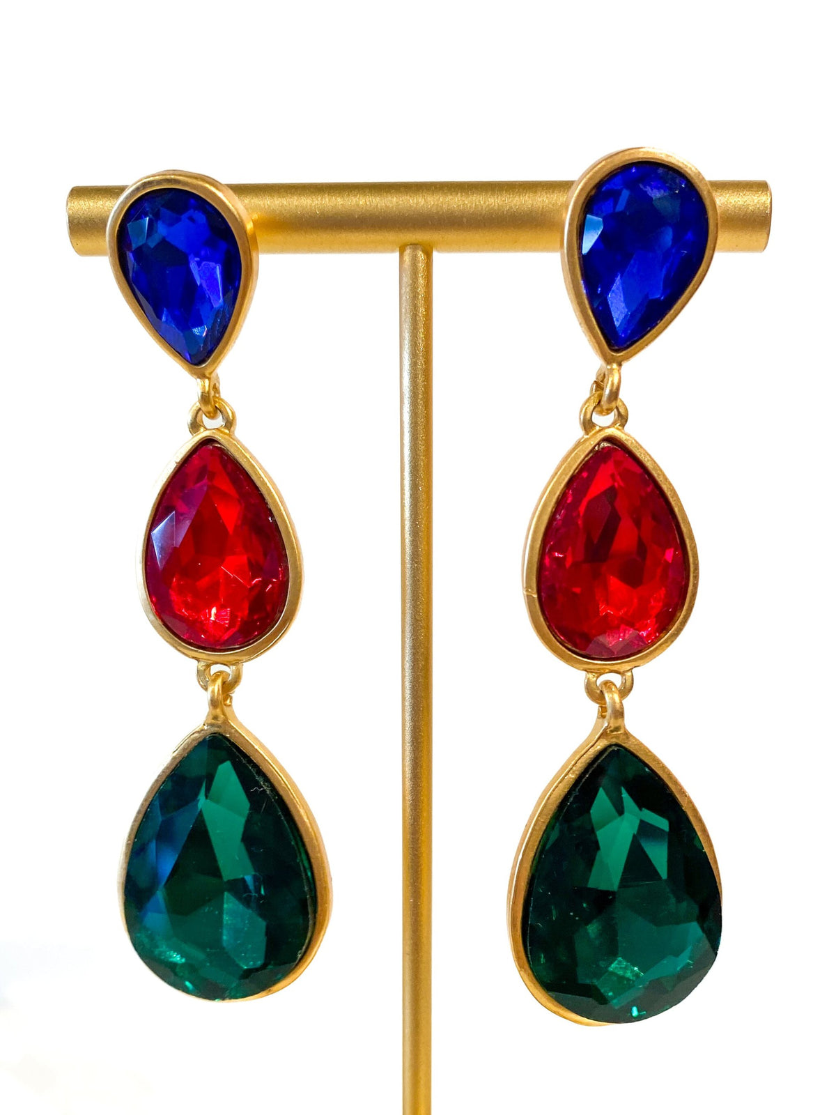 Earrings | Triple Crystal Drop | Emerald, Ruby, &amp; Sapphire