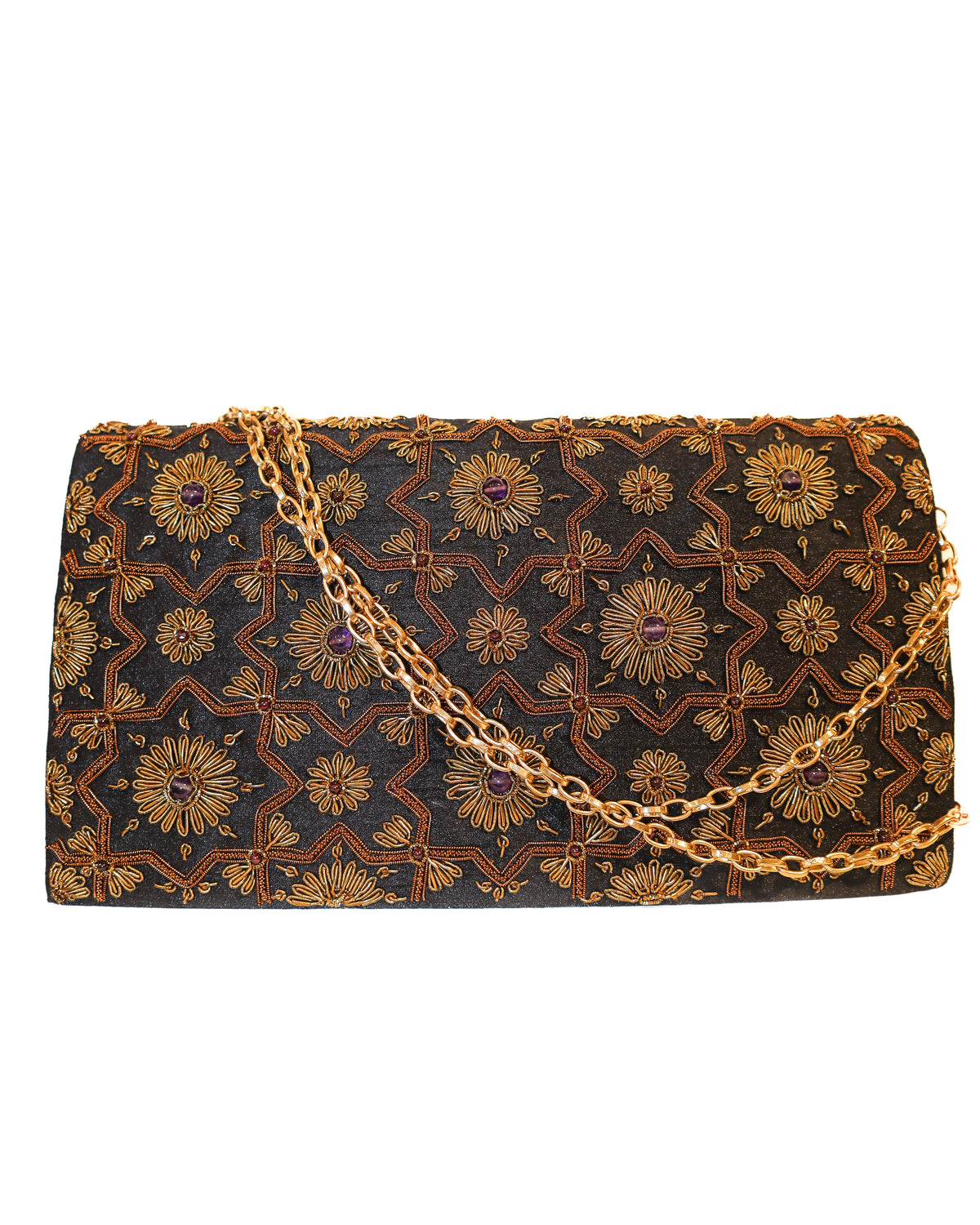 Evening Bag | Antique Gold Lattice |  Black Silk | Mariam Zardozi