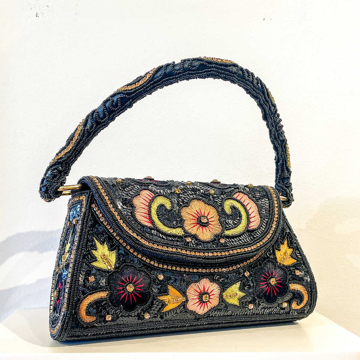 Evening Bag | Embroidered Flowers | Black