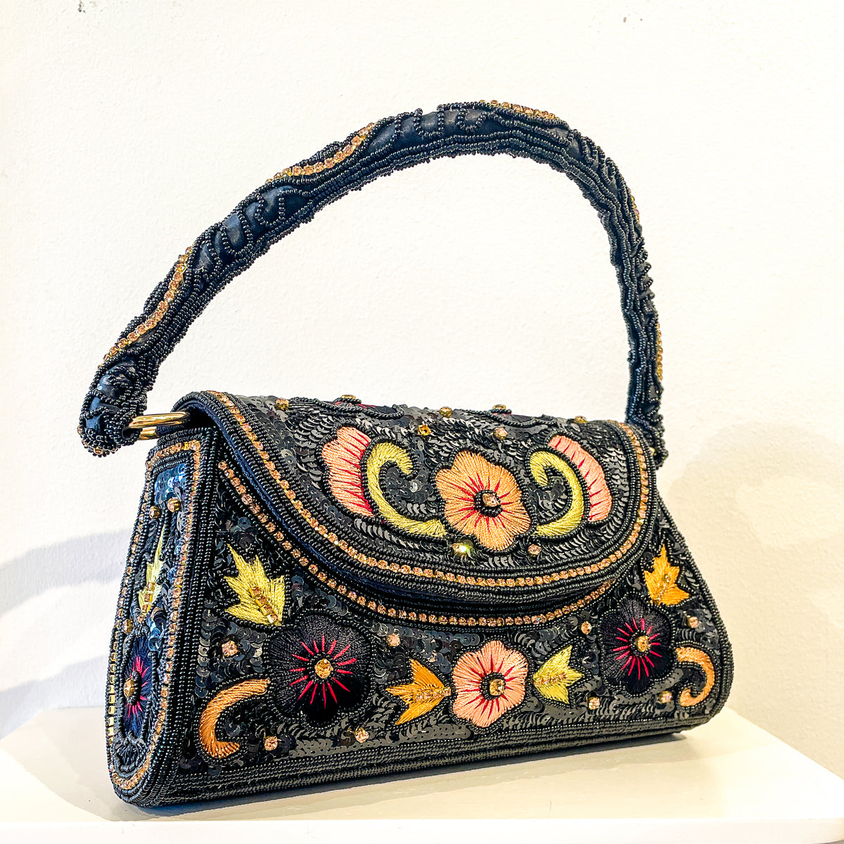 Evening Bag | Embroidered Flowers | Black