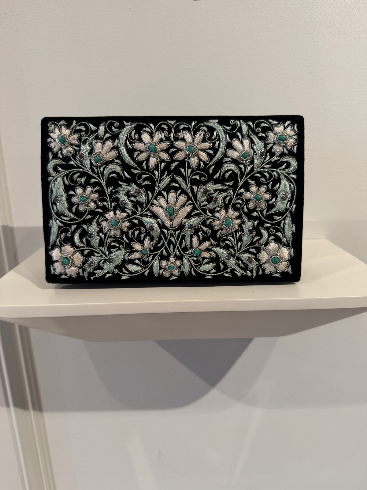 Evening Bag | Night Garden Scroll | Silver & Mint Thread with Jade on Black | Mariam Zardozi