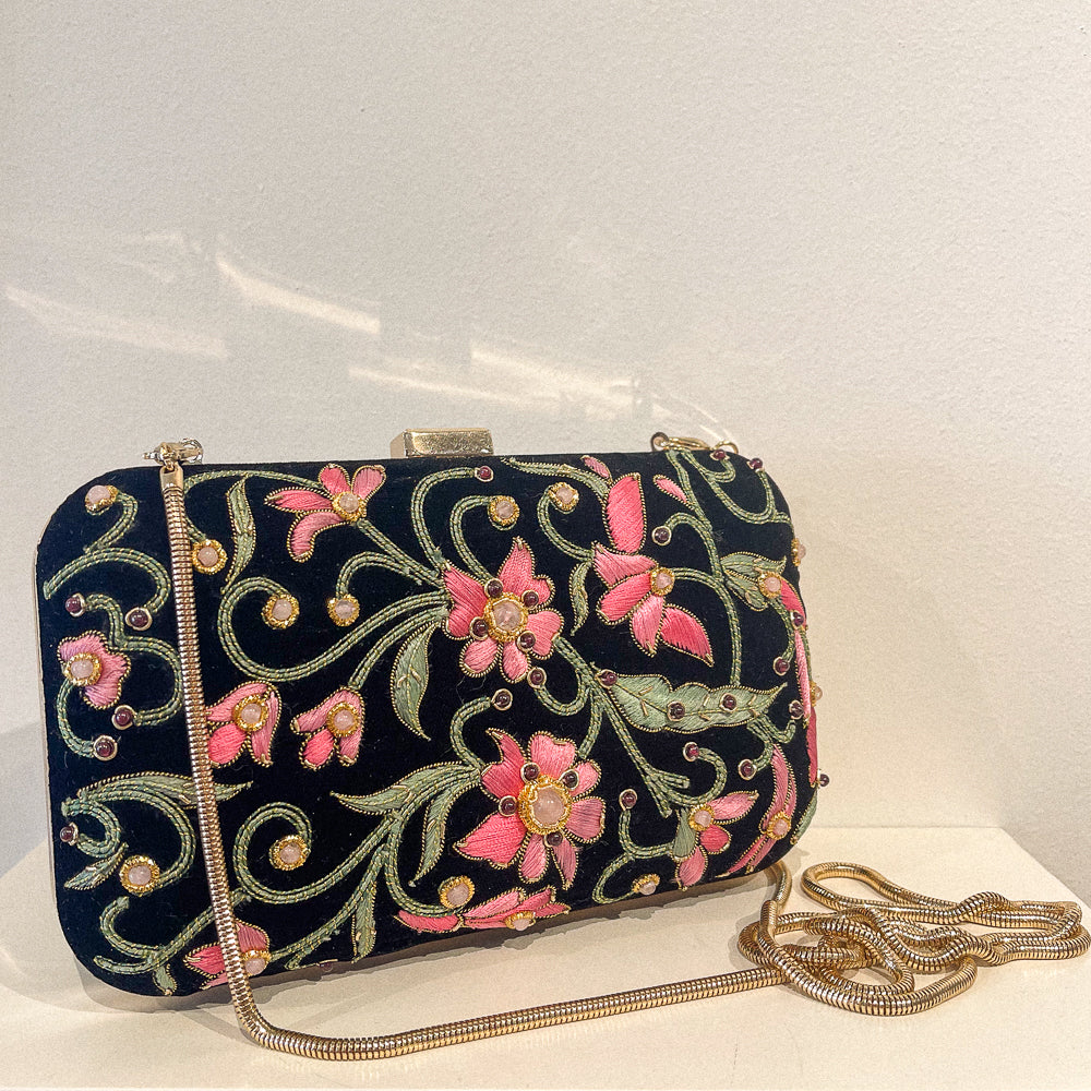 Evening Box Clutch | Black Silk Velvet | Floral Embroidery Garnet Cabochons | Mariam Zardozi