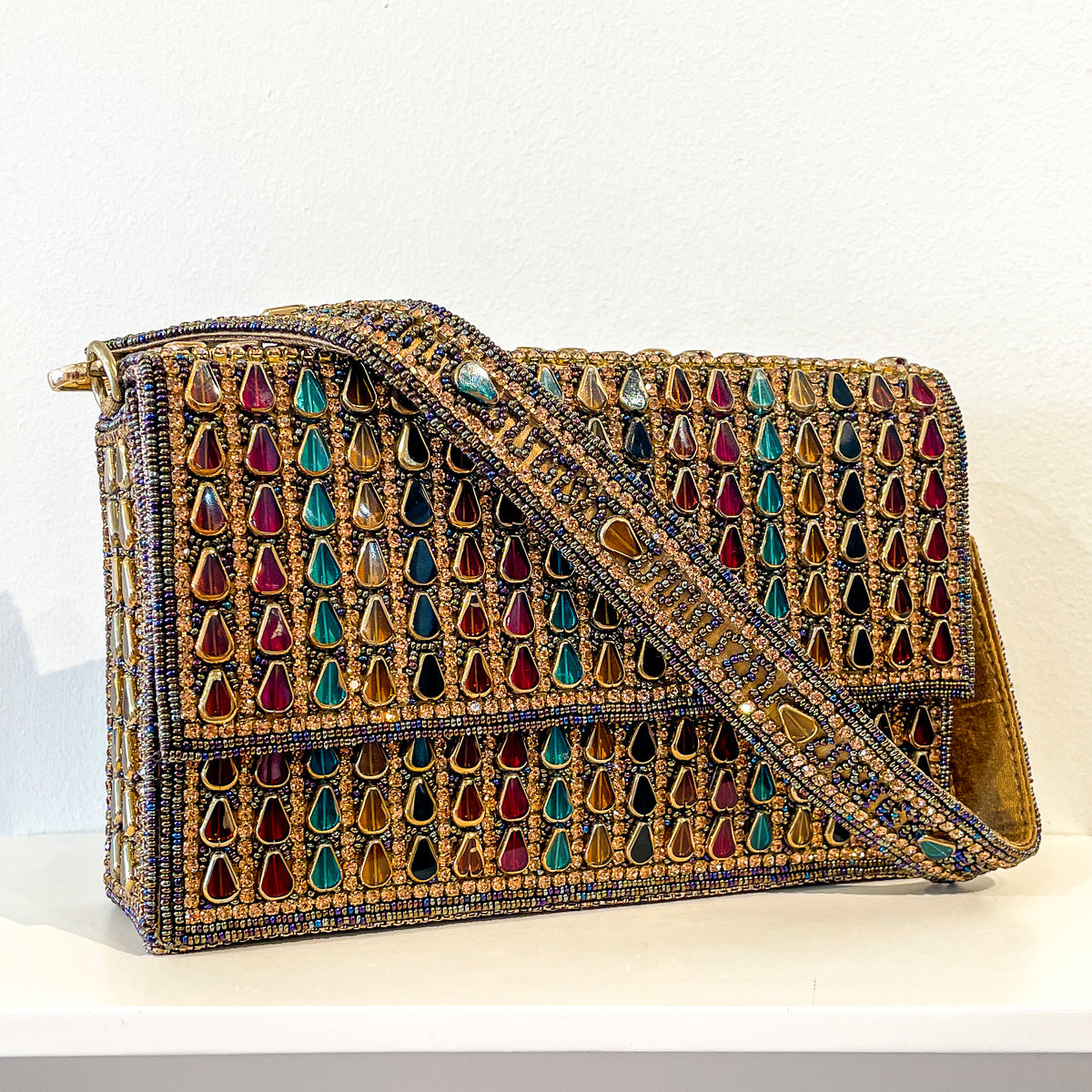 Evening Box Clutch | Lanceoloid Beading | Antique Gold with Garnets and Emeralds