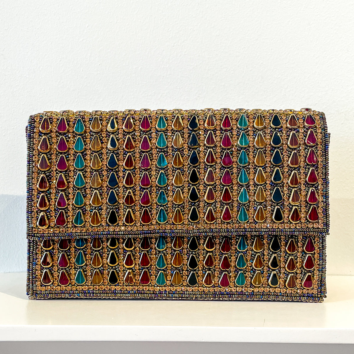 Evening Box Clutch | Lanceoloid Beading | Antique Gold with Garnets and Emeralds