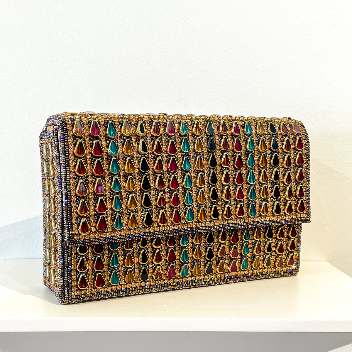 Evening Box Clutch | Lanceoloid Beading | Antique Gold with Garnets and Emeralds