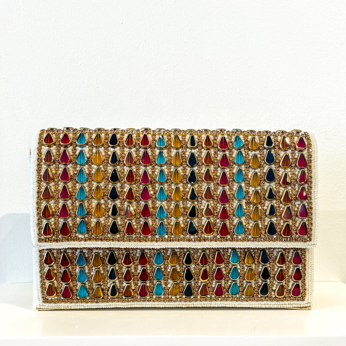 Evening Box Clutch | Lanceoloid Beading | Cream with Garnets and Emeralds