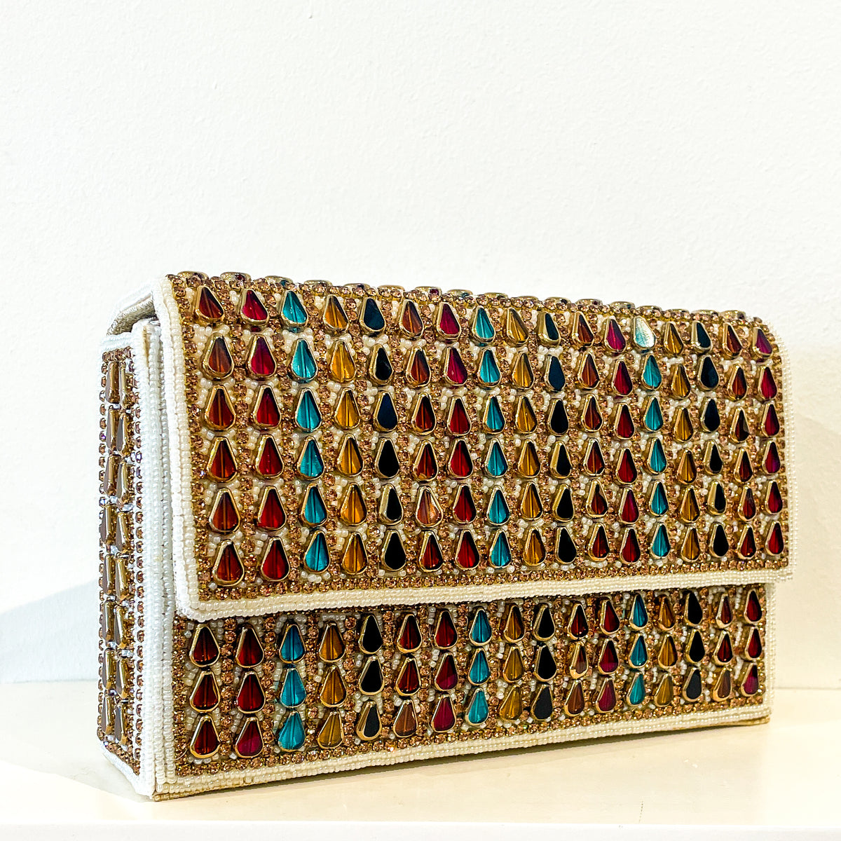 Evening Box Clutch | Lanceoloid Beading | Cream with Garnets and Emeralds