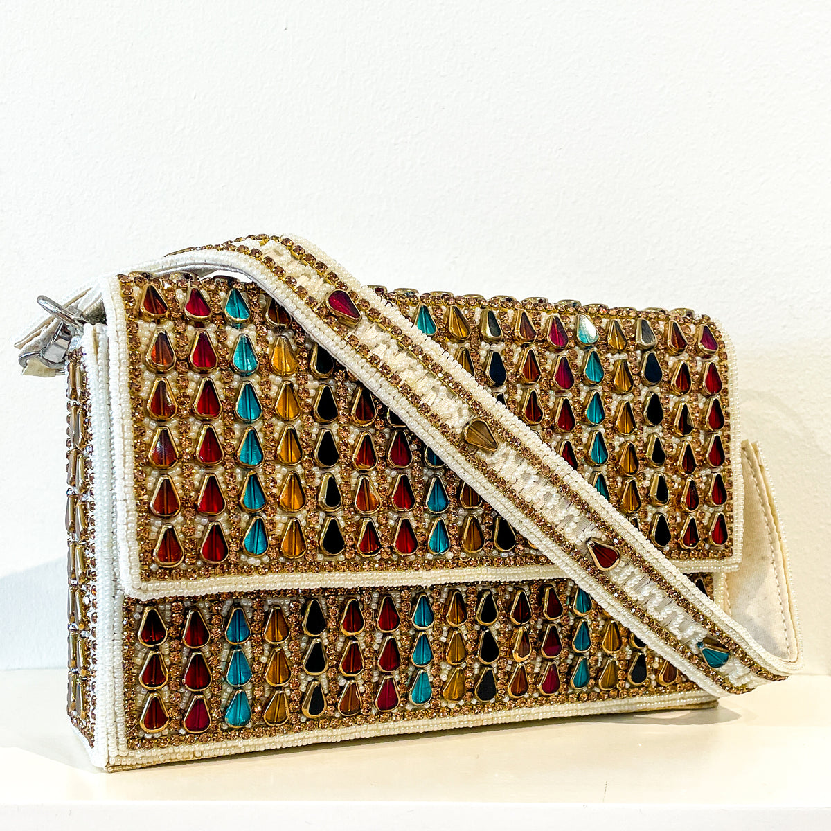 Evening Box Clutch | Lanceoloid Beading | Cream with Garnets and Emeralds