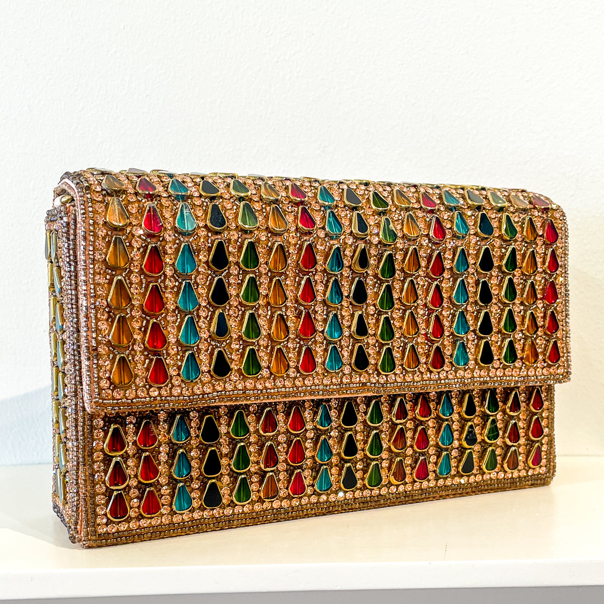 Evening Box Clutch | Lanceoloid Beading | Rose Gold with Garnets and Emeralds