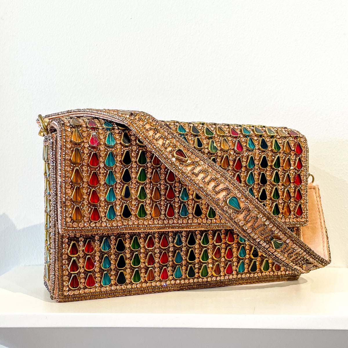 Evening Box Clutch | Lanceoloid Beading | Rose Gold with Garnets and Emeralds