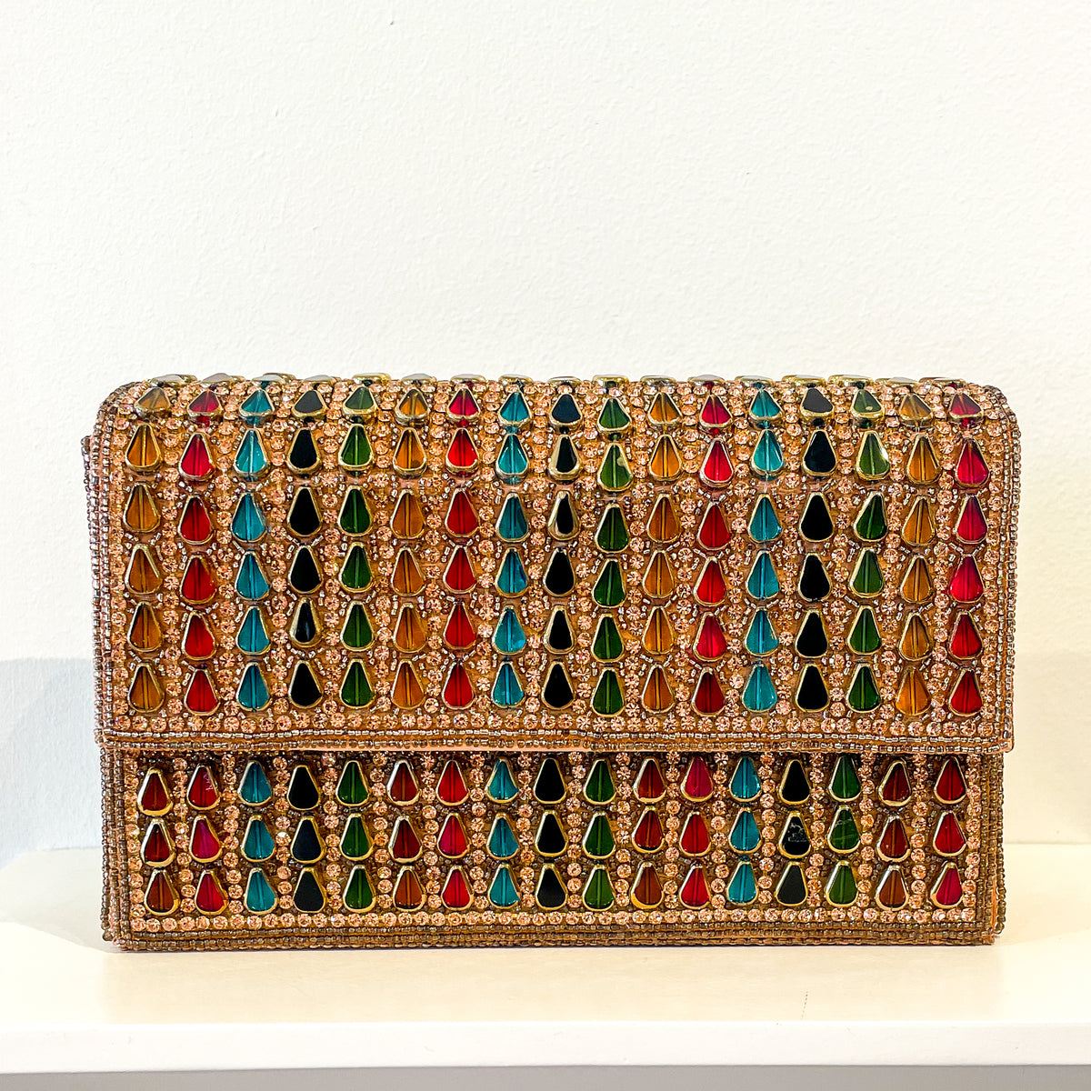 Evening Box Clutch | Lanceoloid Beading | Rose Gold with Garnets and Emeralds