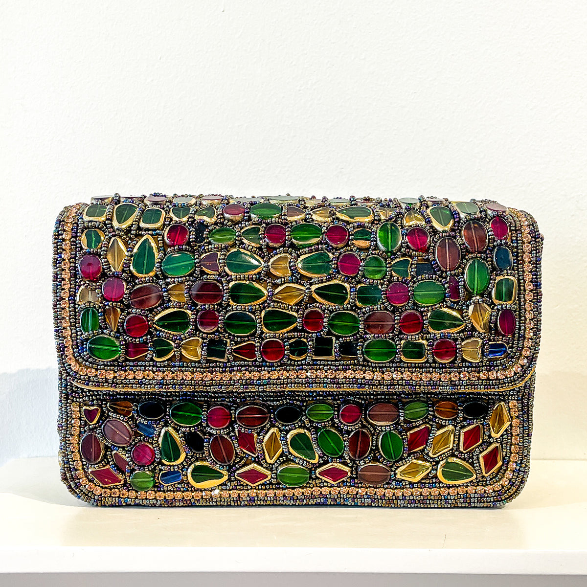 Evening Box Clutch | Mosaic Beading | Antique Gold with Garnets and Emeralds