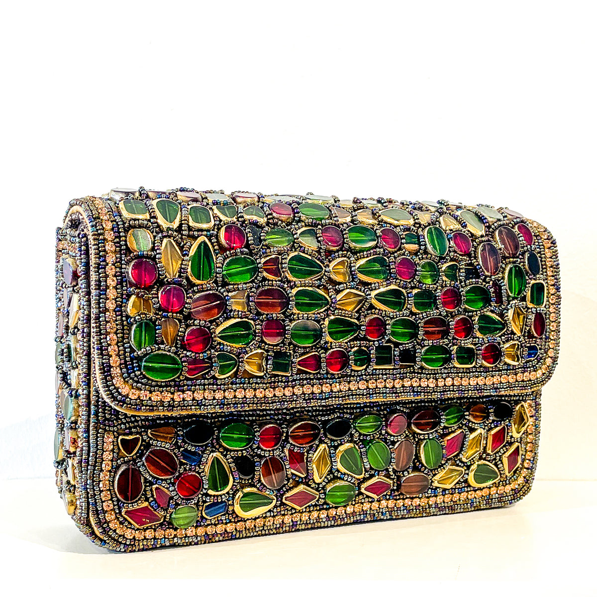 Evening Box Clutch | Mosaic Beading | Antique Gold with Garnets and Emeralds