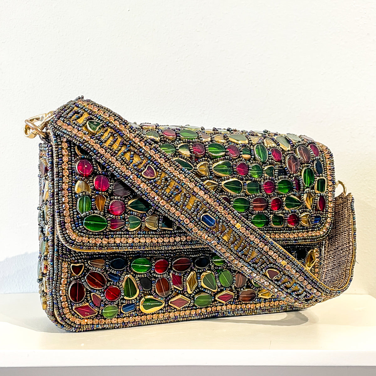 Evening Box Clutch | Mosaic Beading | Antique Gold with Garnets and Emeralds