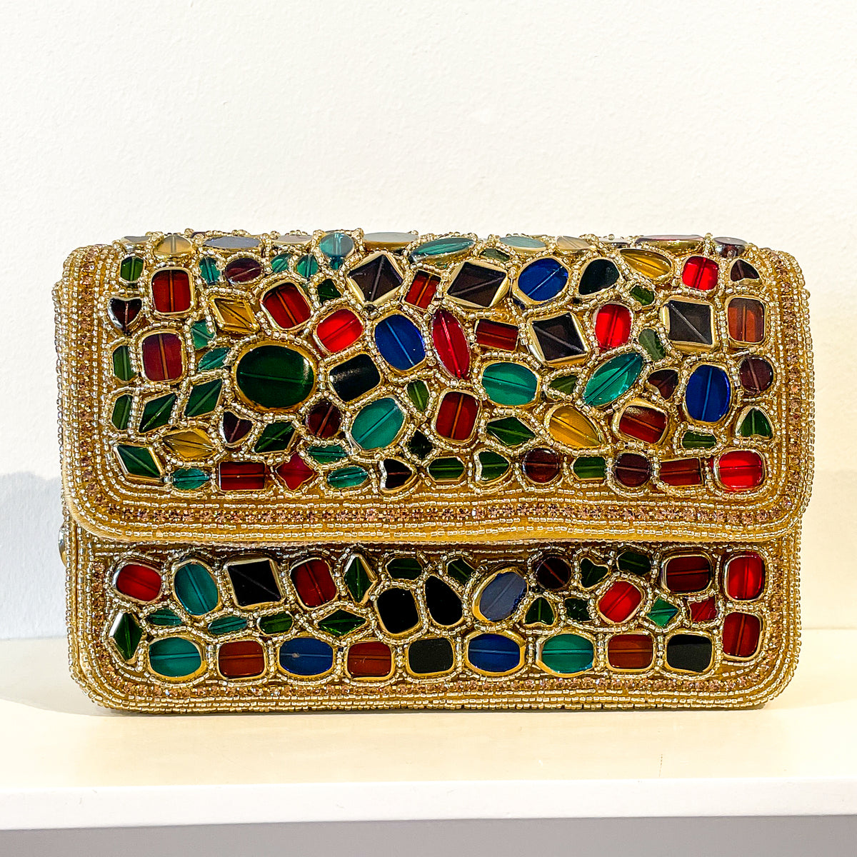 Evening Box Clutch | Mosaic Beading | Gold with Aqua and Sapphire