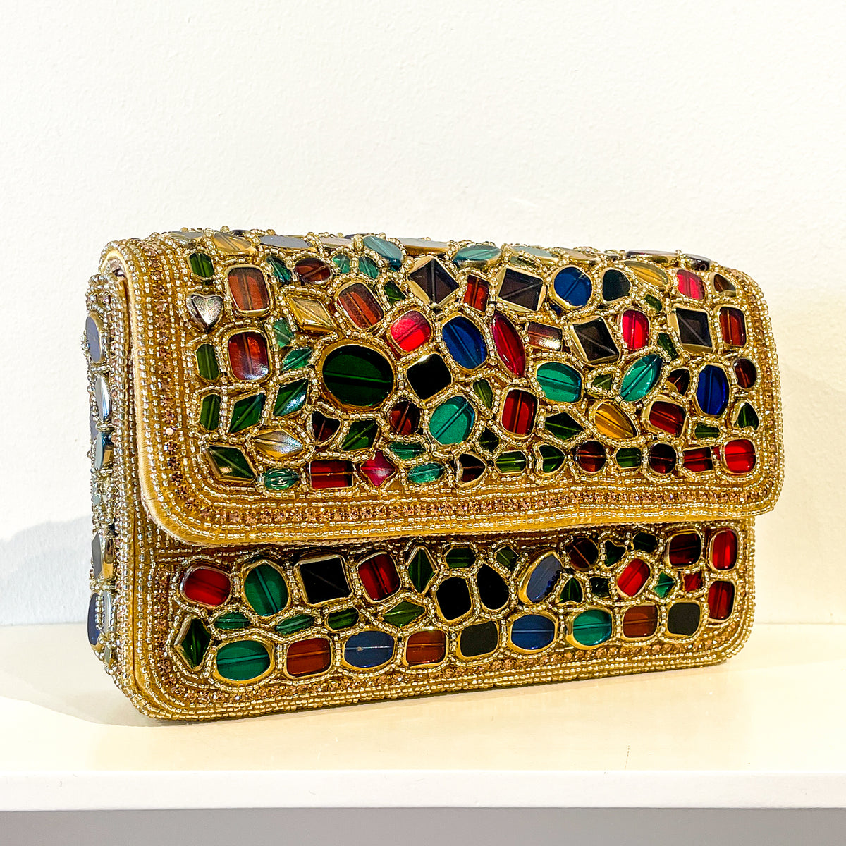 Evening Box Clutch | Mosaic Beading | Gold with Aqua and Sapphire